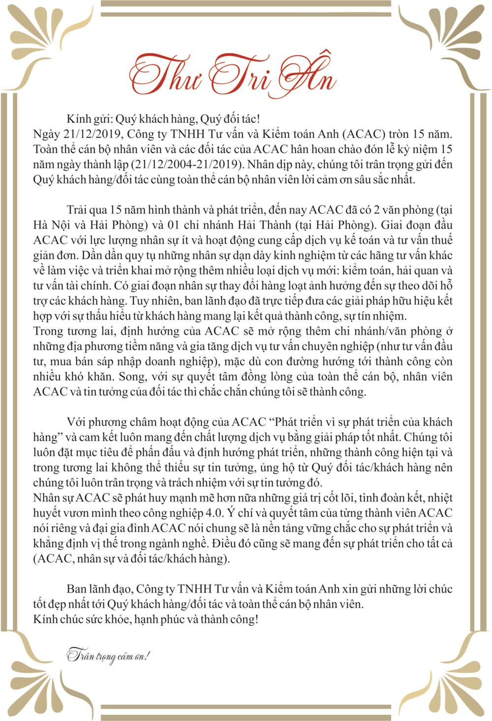 Thư Tri Ân nhân dịp kỷ niệm 15 năm ngày thành lập Công ty TNHH Tư vấn và Kiểm toán Anh “ACAC” (21/12/2004 – 21/12/2019)